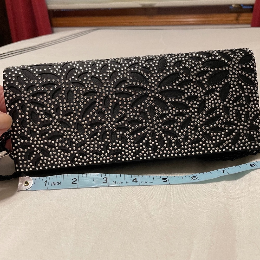 NWT Special occasion black/satin clutch purse w/silver detail & optional strap.